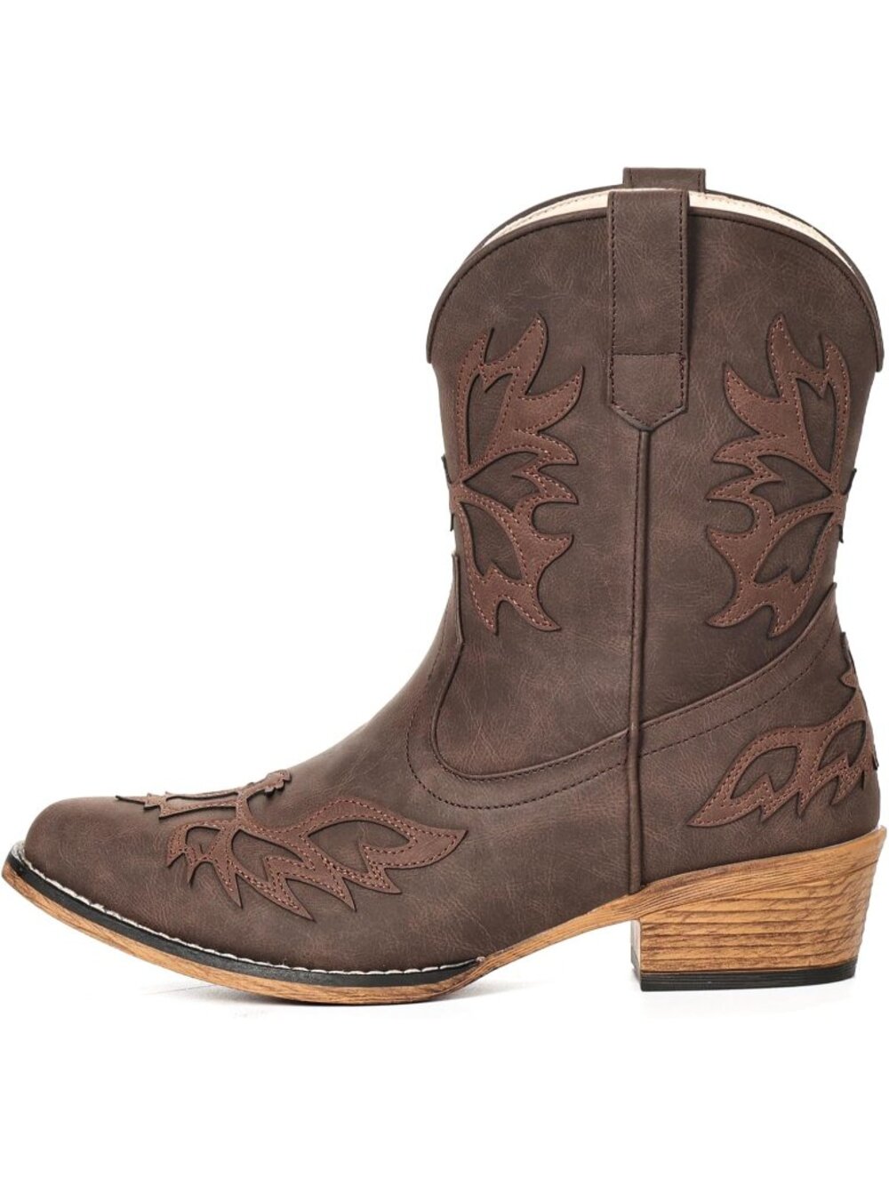Women's Dark Brown Ankle Cowgirl Boots Embroidered Wide Fashion Low Chunky Heel